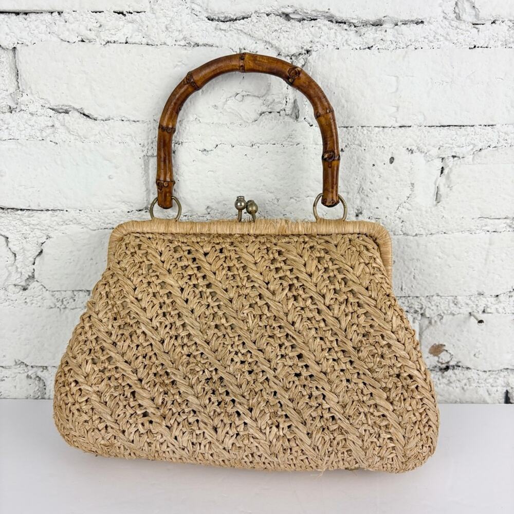 Vintage Wicker Made in Japan Bamboo Handle Kisslock Handbag